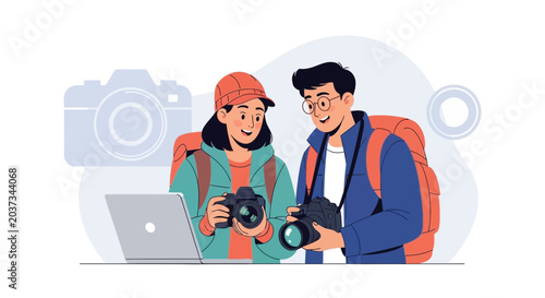 Travelers with cameras and laptop, planning adventure