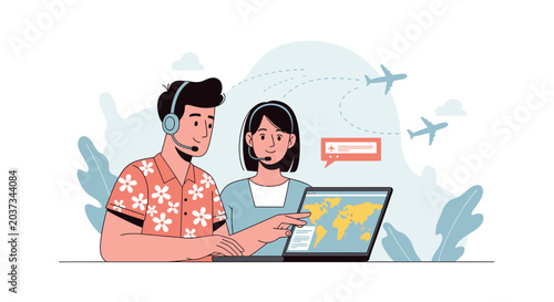 Travel planning experts helping clients with flight routes and bookings.