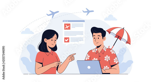 Travel Planning and Insurance Consultation with Laptop and Airplane Icons