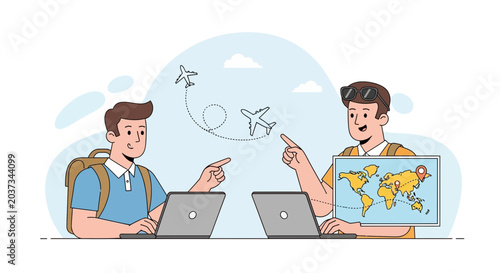 Travel planning concept with friends using laptops and world map