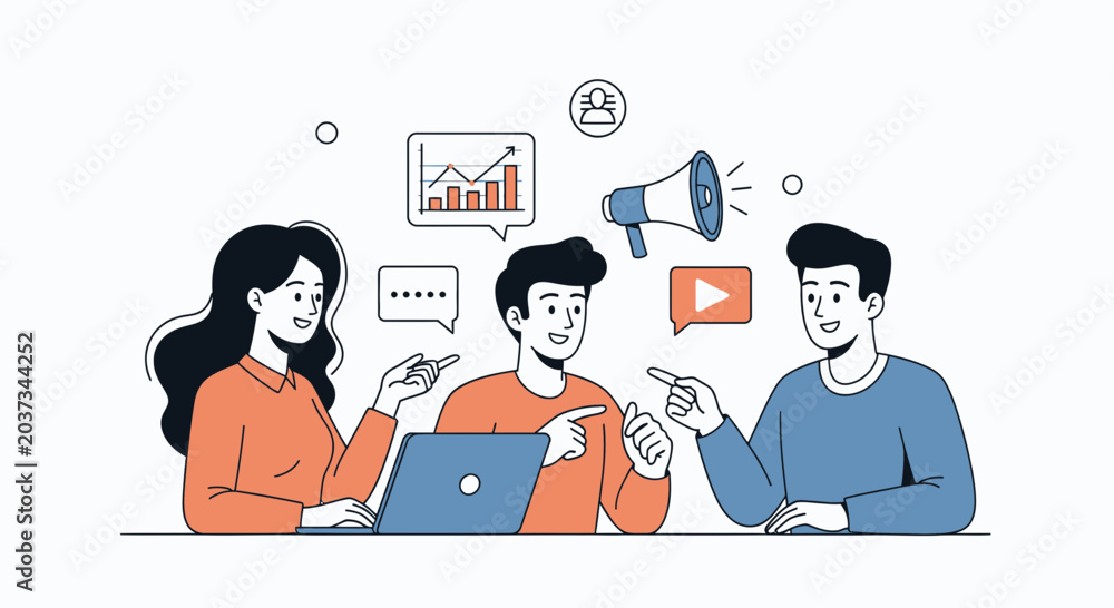 Fototapeta premium Teamwork strategy meeting with charts and megaphone icons for business growth