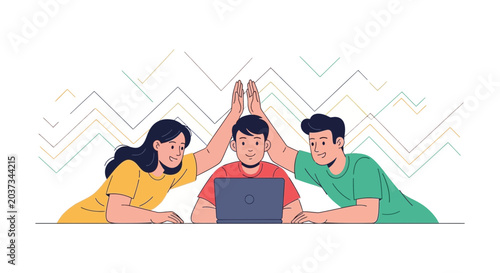 Teamwork success, people high five over laptop, business goals achieved