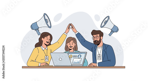 Teamwork success, high-five in office, with megaphones and laptop