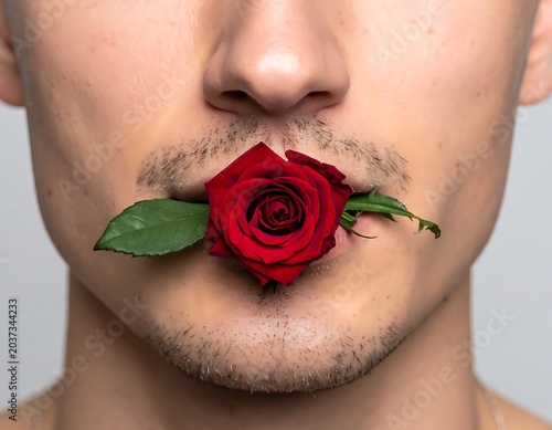 A man's face with a red rose covering his mouth