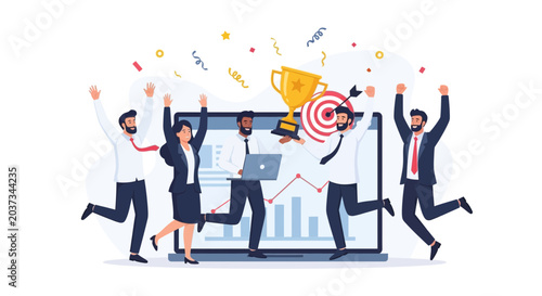 Teamwork Success: Business People Celebrate Victory with Trophy and Confetti