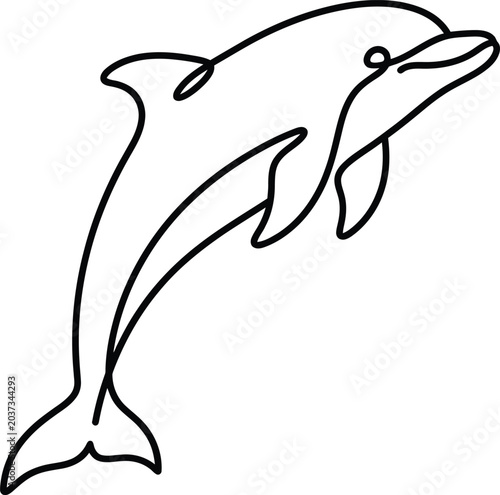 A black line drawing of a dolphin jumping