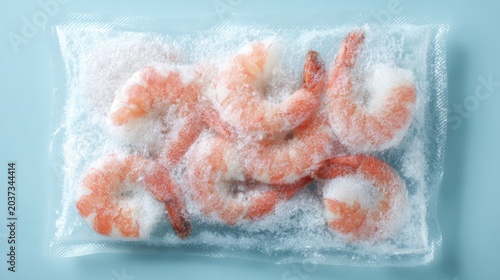 Fresh Shrimp Pack Frozen shrimp sealed in a transparent plastic bag on a light blue surface.