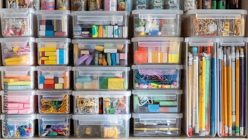 Organized storage boxes filled with colorful office supplies