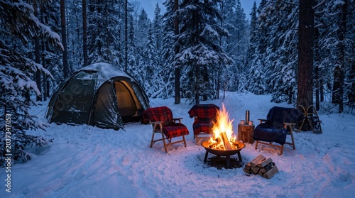 Peaceful forest campsite with bonfire center chairs tent concept. A serene winter camping scene with a glowing campfire and snow-covered trees.