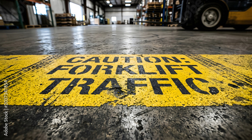 caution forklift traffic painted on a warehouse floor low angle view