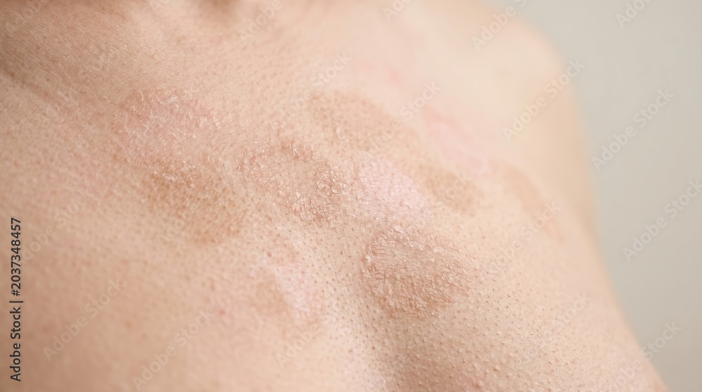 Fototapeta premium Flaky pityriasis versicolor fungal infection patches on patient upper chest