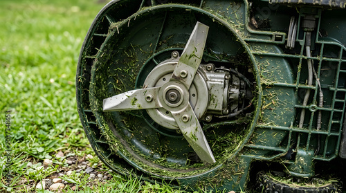 lawnmower blade and deck detail close up view of grass filled cutting mechanism
