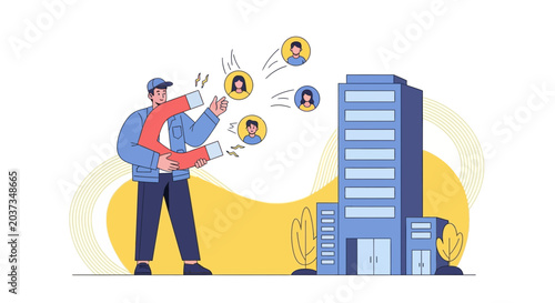 Recruiting concept: Man with huge magnet attracts people icons to office building