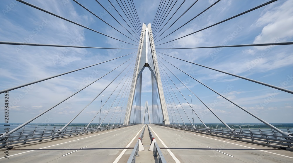 Fototapeta premium Modern Civil Engineering Infrastructure Symmetrical Cable Stayed Bridge Over Water