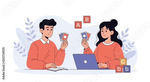 Children learning ABC cards and playing with blocks, educational game concept