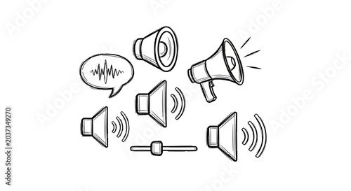 A collection of hand-drawn icons representing sound, volume, and communication, including speakers, megaphones, and a sound wave in a speech bubble.