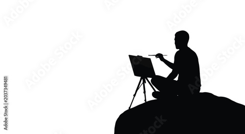 Silhouette of a man painting on an easel outdoors in a minimalist style