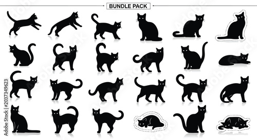 Bundle pack of black cat silhouettes in various poses on white background