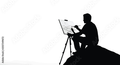 Artist creative process silhouette, man painting on canvas with brush, artistic inspiration on white background