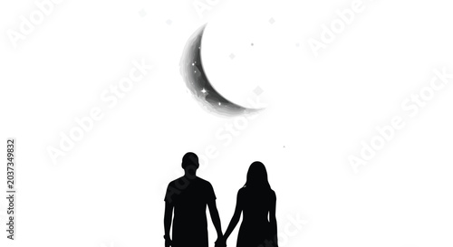 Romantic couple silhouette under crescent moon on white background with stars