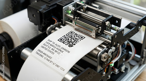 label printer printing shipping label with qr code and address close up