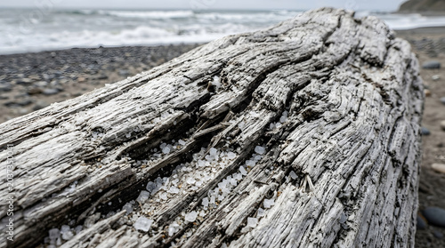 weathered driftwood log on a rocky beach close up with salt crystals