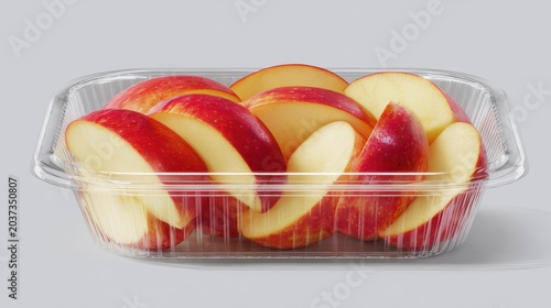 Fresh-Cut Fruit Fresh red apple slices neatly arranged in a clear plastic container on a white surface.