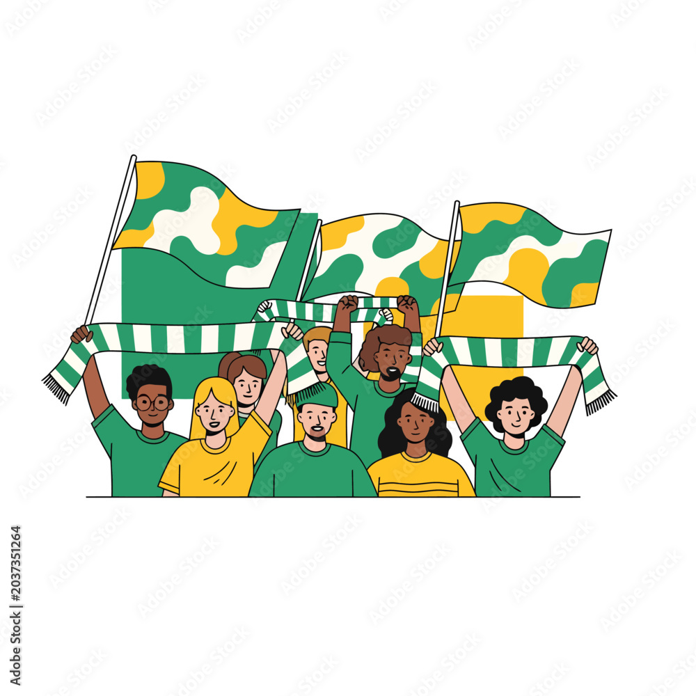 Fototapeta premium Clean vector illustration of diverse sports fans cheering with flags and scarves, group of football supporters in green and yellow colors