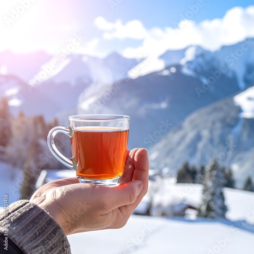 A hand holding a warm amber liquid in a glass mug against a snowy mountain backdrop