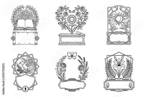Cuadro en lienzo Floral Logo Set - Steampunk Book Sunflower Rose Sun Eagle Butterfly Lily Botanic