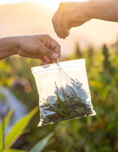 A hand holding a ziplock bag of green and purple plant material