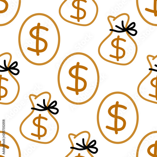 Seamless pattern with hand drawn dollar coins and money bags