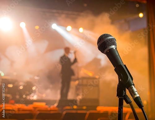 A microphone on stage with a performer