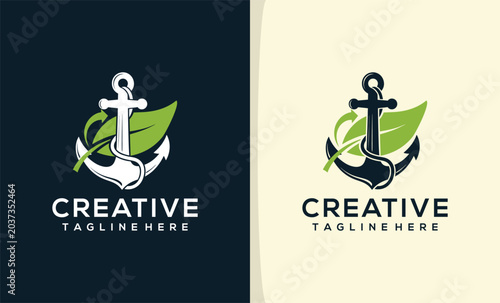 Fotografie Modern logo featuring an anchor entwined with green leaves for creative branding