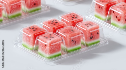 Fresh-Cut Fruit Cube-shaped watermelon pieces with seeds, packaged in clear plastic containers on a white surface.