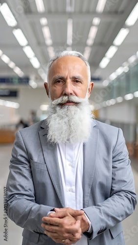 A middle-aged man with a long white beard in a suit