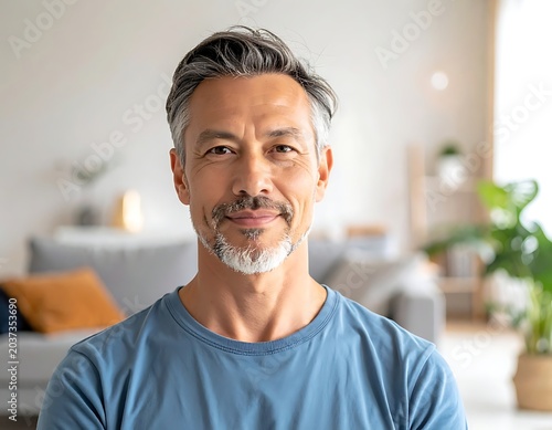 A middle-aged man with gray hair and a blue shirt smiles in a blurred living room