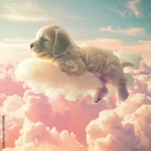 cute fluffy puppy floating among soft clouds in pastel sky, dreamy atmosphere, gentle sunlight, whimsical concept, ultra soft lighting, high detail, commercial stock style