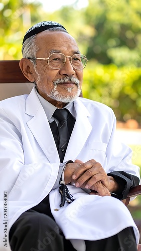 A middle-aged man with a white beard and glasses sits outdoors