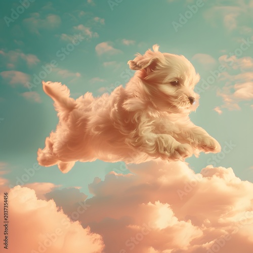 cute fluffy puppy floating among soft clouds in pastel sky, dreamy atmosphere, gentle sunlight, whimsical concept, ultra soft lighting, high detail, commercial stock style