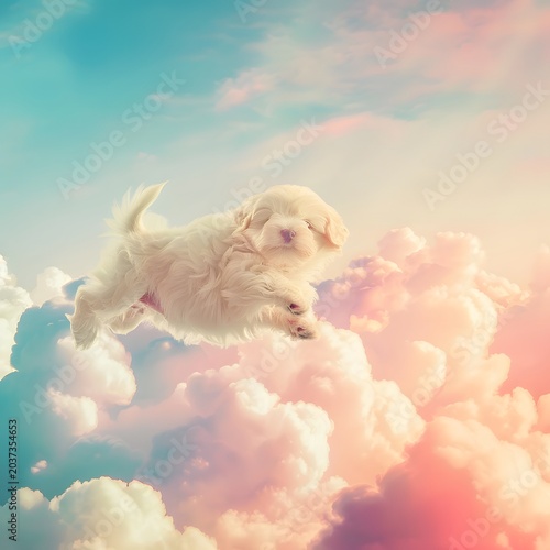 cute fluffy puppy floating among soft clouds in pastel sky, dreamy atmosphere, gentle sunlight, whimsical concept, ultra soft lighting, high detail, commercial stock style