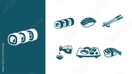Bild auf Leinwand Japanese sushi and sashimi vector icon set featuring maki rolls, nigiri, chopsticks, soy sauce, and platter in minimalist duotone style