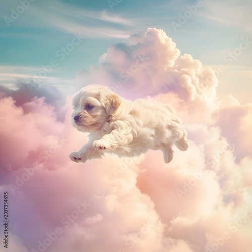 cute fluffy puppy floating among soft clouds in pastel sky, dreamy atmosphere, gentle sunlight, whimsical concept, ultra soft lighting, high detail, commercial stock style