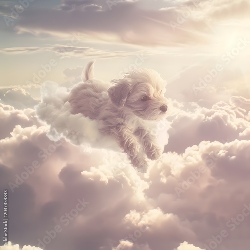 cute fluffy puppy floating among soft clouds in pastel sky, dreamy atmosphere, gentle sunlight, whimsical concept, ultra soft lighting, high detail, commercial stock style