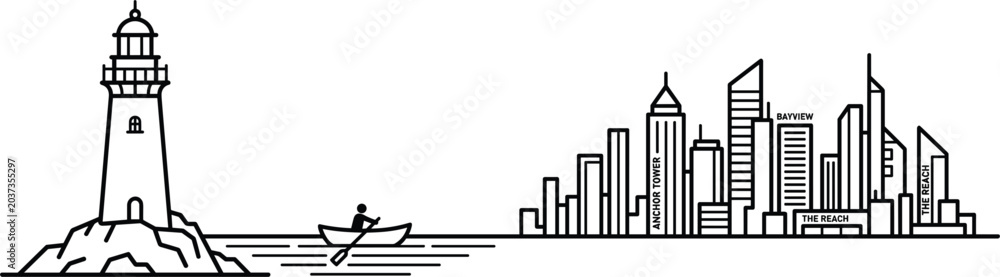 Obraz premium Coastal city skyline panorama vector line art with lighthouse rowing boat and skyscrapers