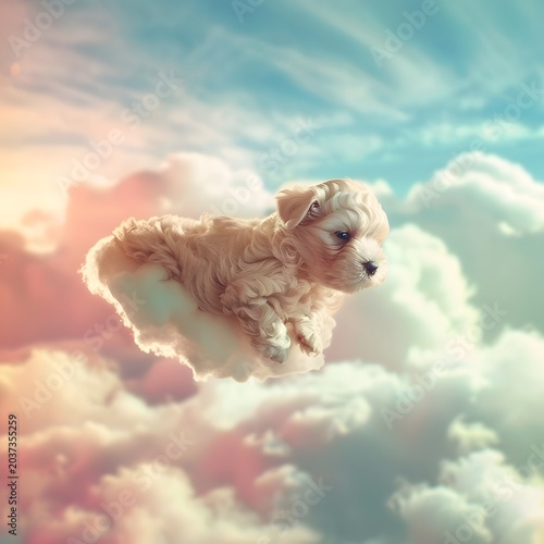 cute fluffy puppy floating among soft clouds in pastel sky, dreamy atmosphere, gentle sunlight, whimsical concept, ultra soft lighting, high detail, commercial stock style