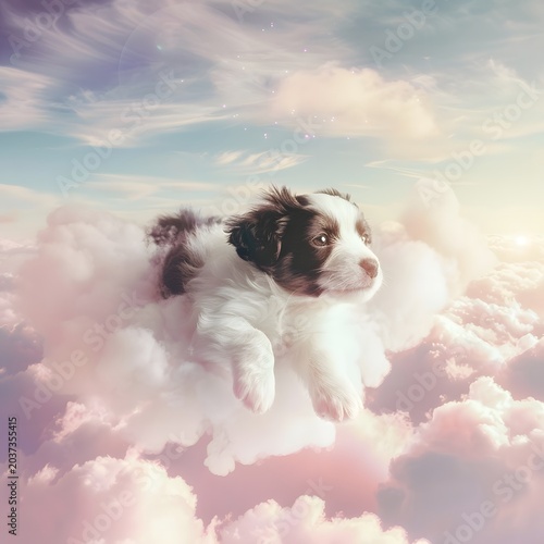 cute fluffy puppy floating among soft clouds in pastel sky, dreamy atmosphere, gentle sunlight, whimsical concept, ultra soft lighting, high detail, commercial stock style