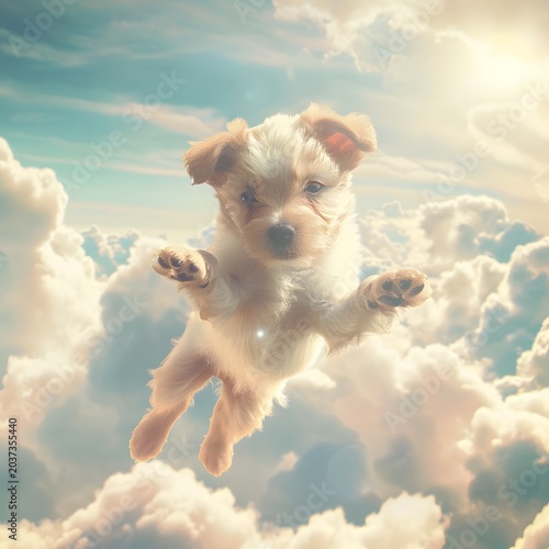 cute fluffy puppy floating among soft clouds in pastel sky, dreamy atmosphere, gentle sunlight, whimsical concept, ultra soft lighting, high detail, commercial stock style