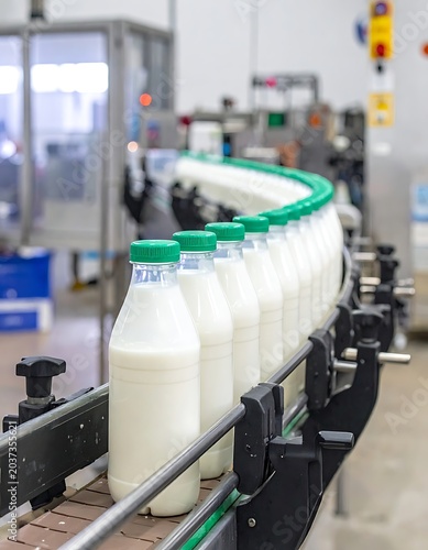 A milk bottling production line with white bottles