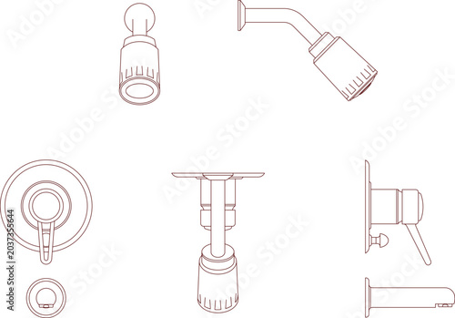 Technical architectural drawing collection of bathroom fixtures including shower heads, a mixer tap with lever, and sink drain assemblies in CAD line art.